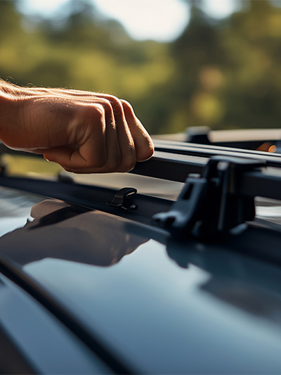 Eine Hand vertsellt einen Dachträger an einem Autodach