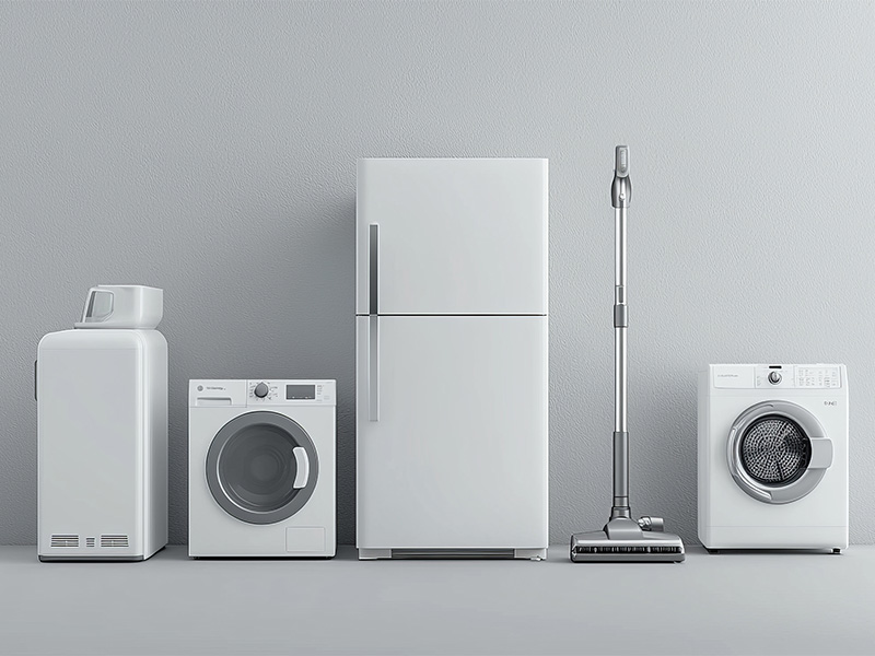 belis-oberflaechentechnik-branchen-haushaltsgeräte Verschiedene weiße Haushaltsgeräte, unter anderem Kühlschrank, Waschmaschine und Staubsauger