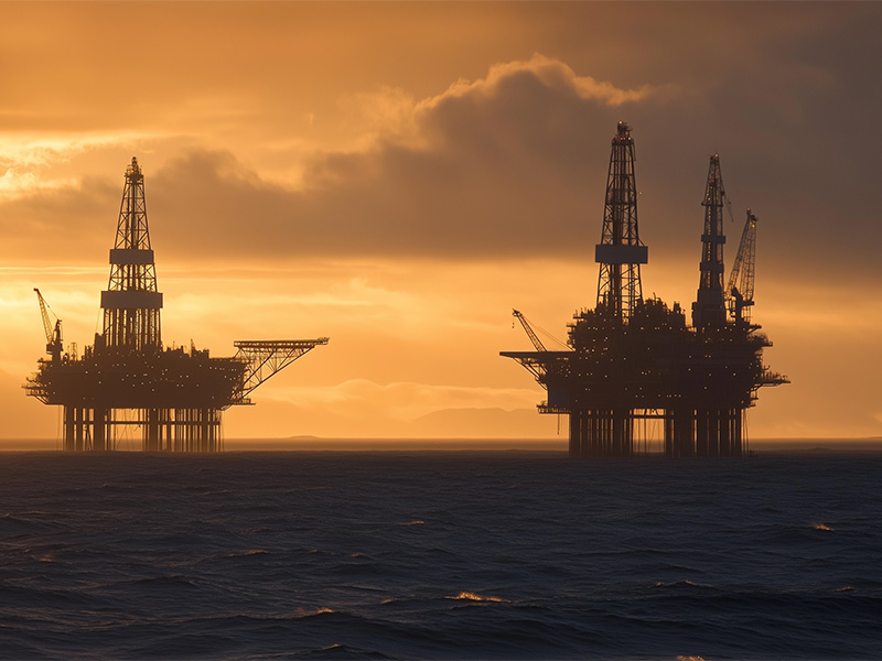belis-oberflaechentechnik-branchen-offshoreundmaritimeindustrie Ölbohrinseln auf dem offenen Meer bei Sonnenuntergang